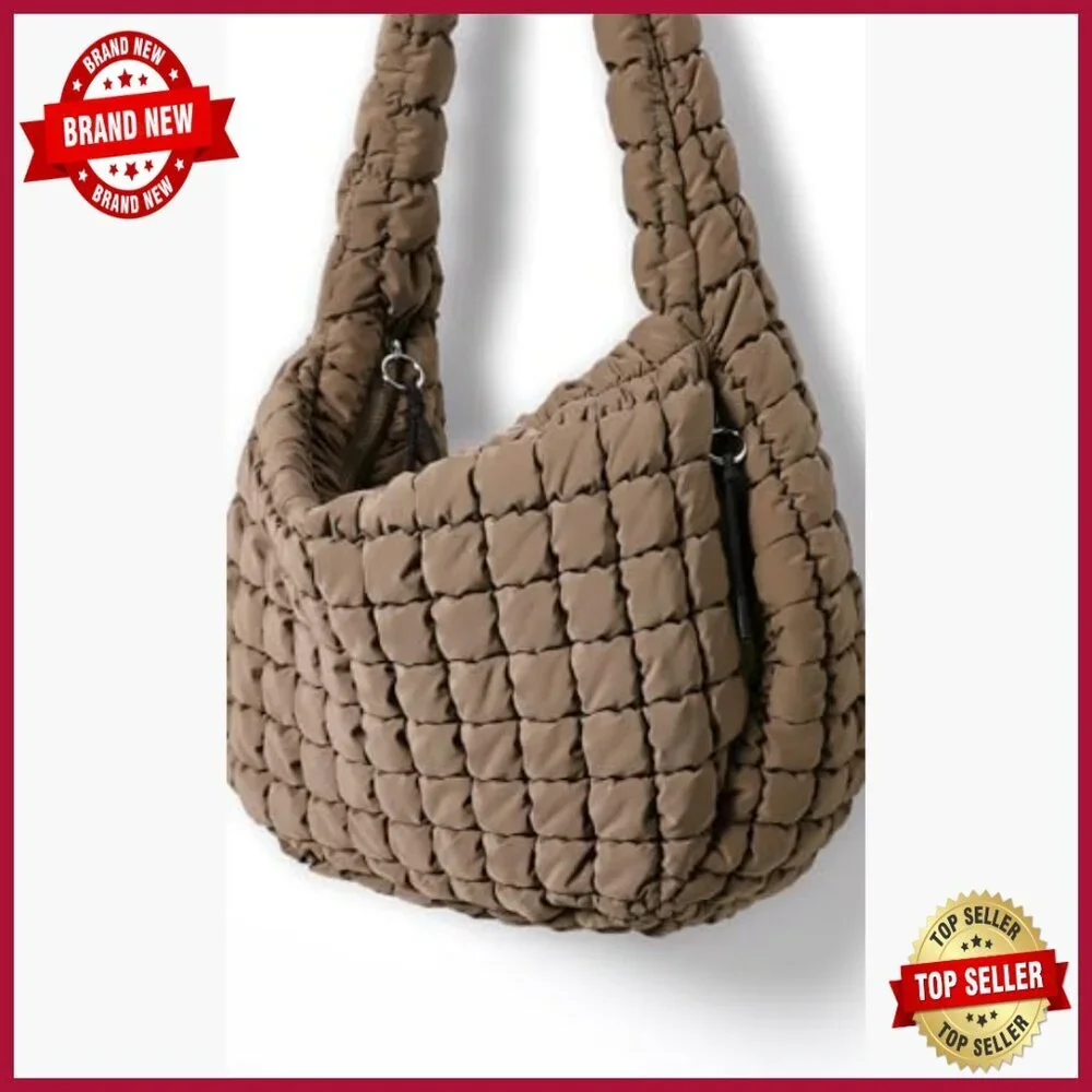 Large Quilted Tote Bag with Crossbody Strap, Lightweight Polyester Hobo